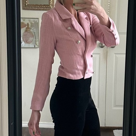 Vintage pink tweed cropped long sleeve double breasted blazer suit jacket - Picture 3 of 11
